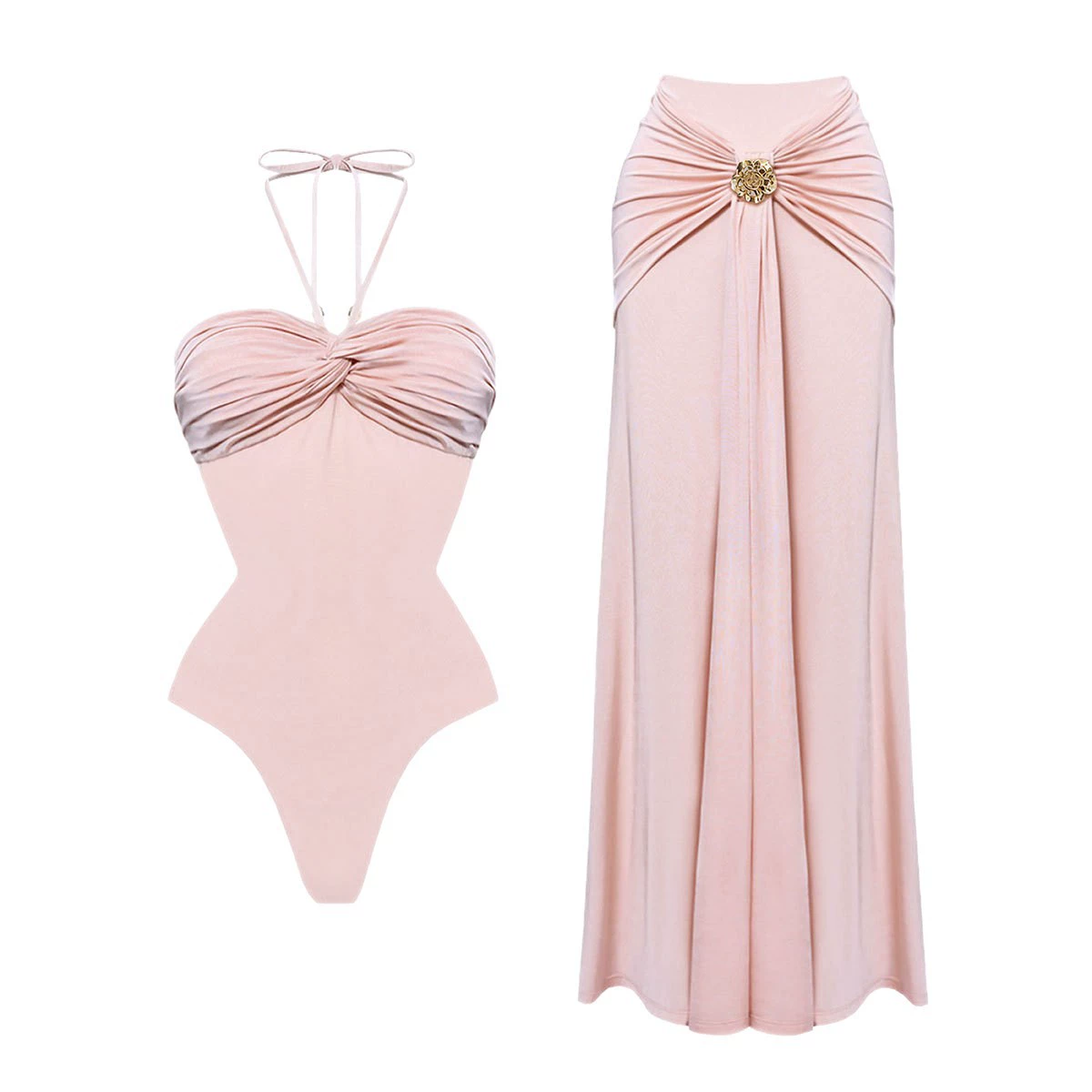 Halter One-Piece Swimsuit with Cover-Up Skirt view 5
