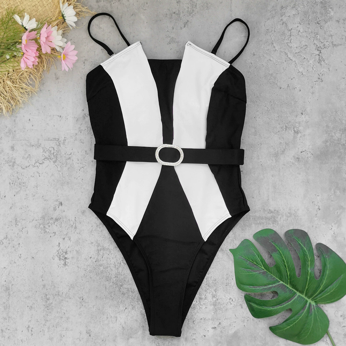Belted One-Piece Swimsuit with Spaghetti Straps