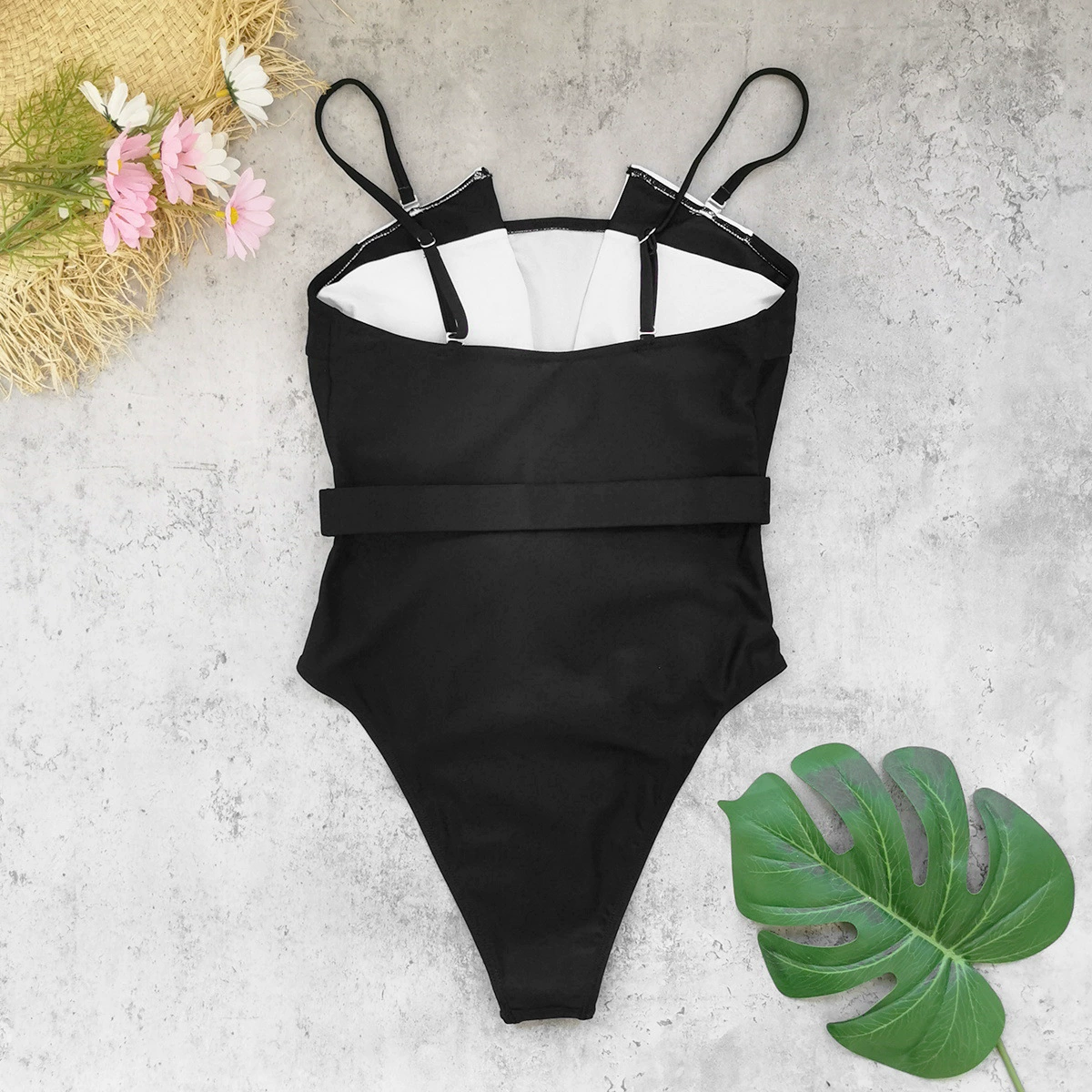 Belted One-Piece Swimsuit with Spaghetti Straps view 3