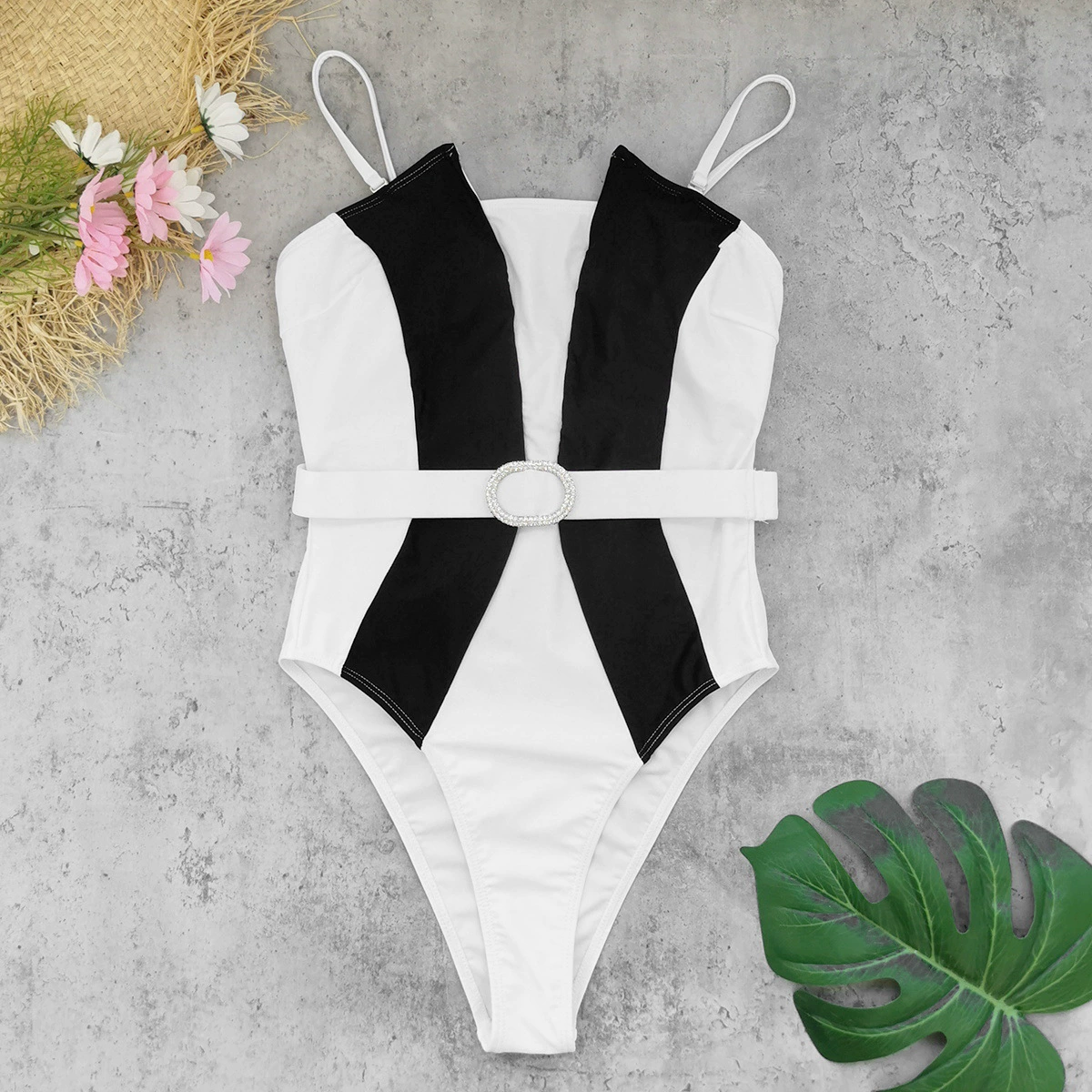 Belted One-Piece Swimsuit with Spaghetti Straps view 4