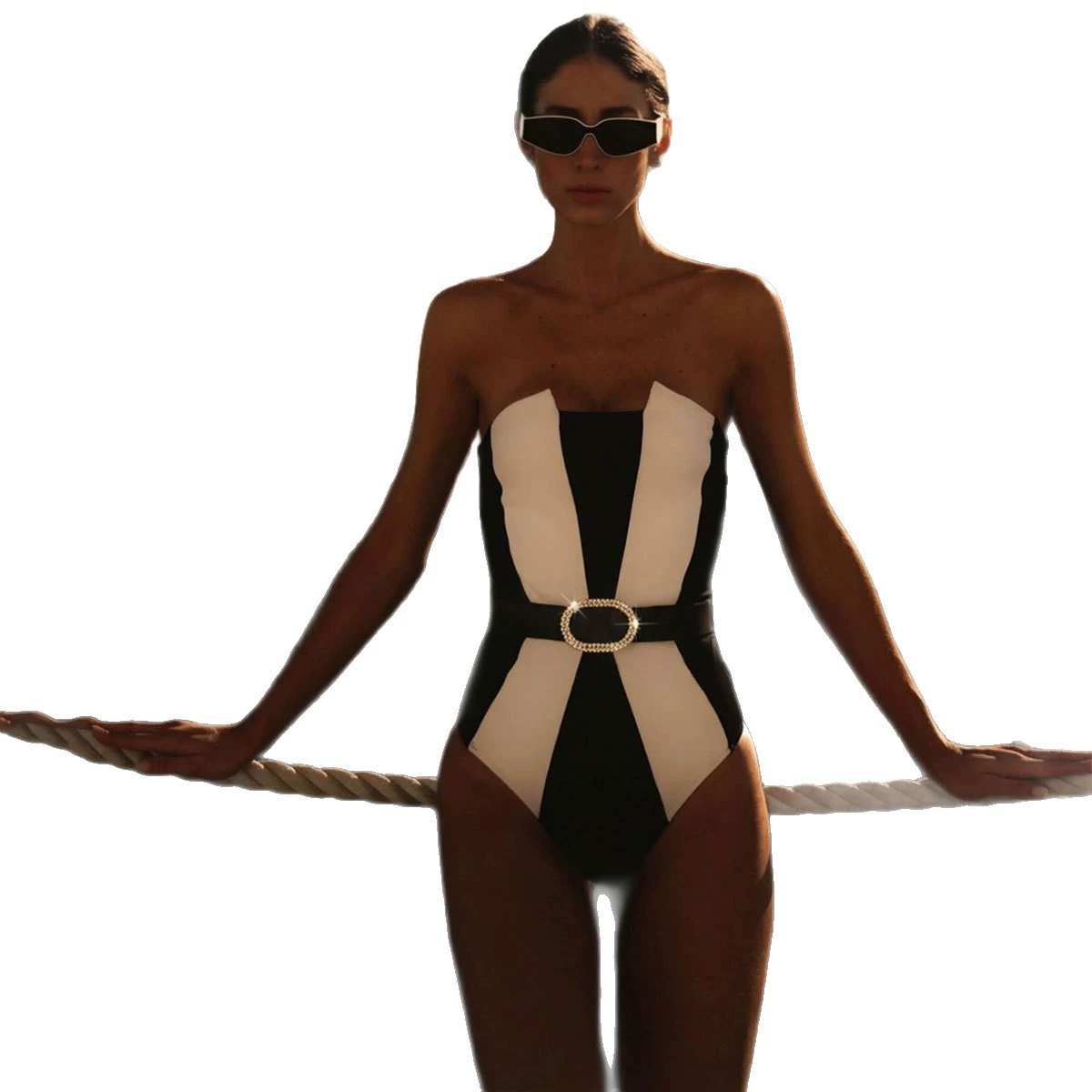 Belted One-Piece Swimsuit with Spaghetti Straps view 5