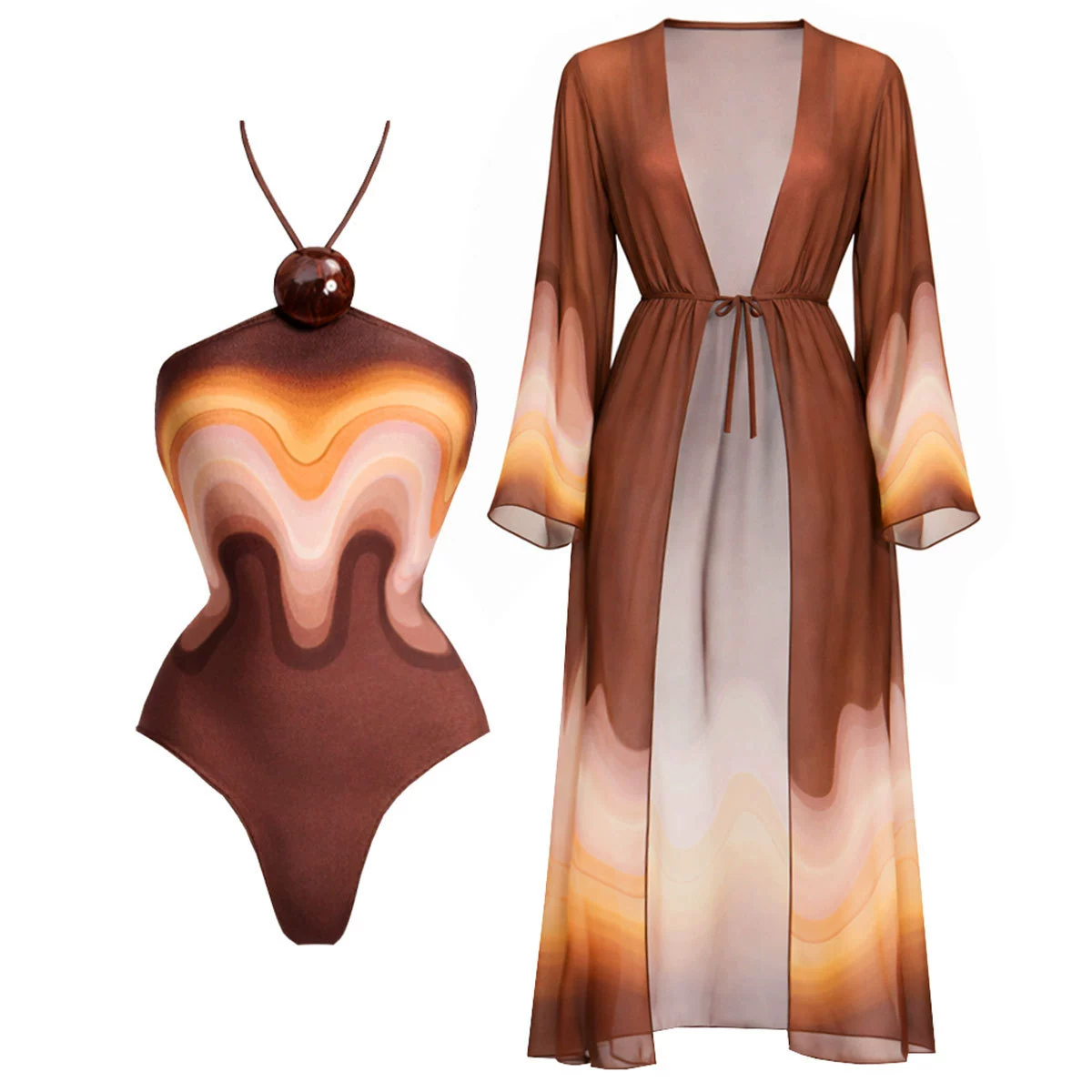 Halter Neck One-Piece Swimsuit with Long Cover-Up