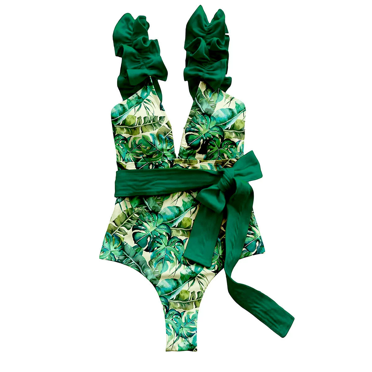 Ruffle Strap V-Neck One-Piece Swimsuit with Waist Tie