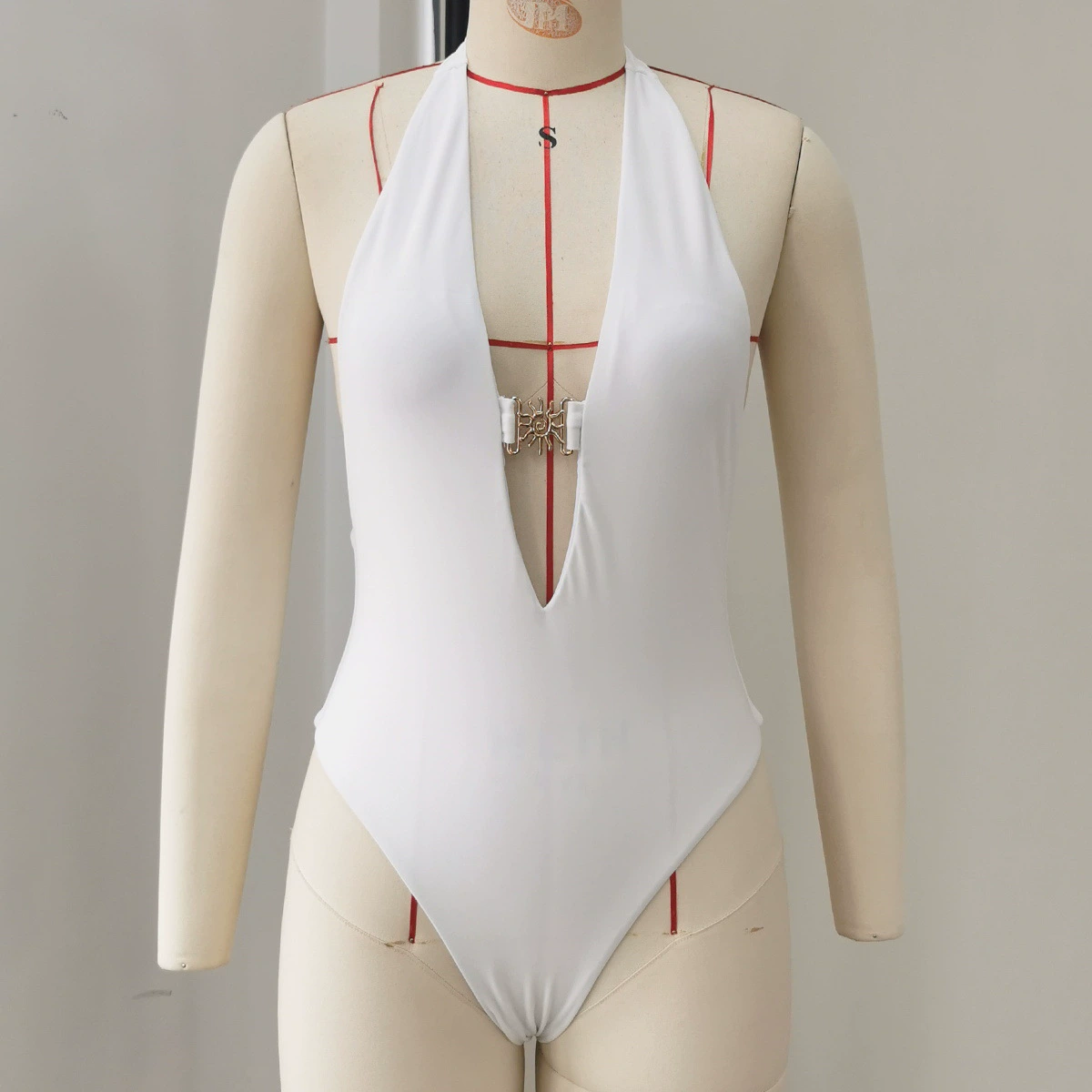 Deep V Halter High-Cut One-Piece Swimsuit with Front Clasp