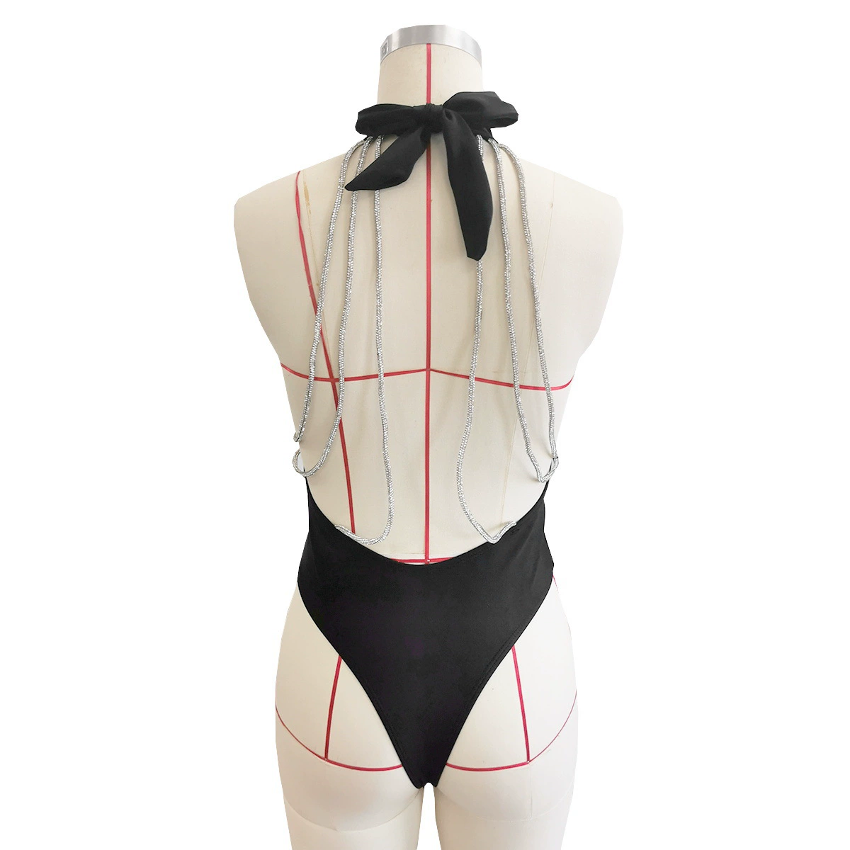 Halter Neck One-Piece Swimsuit With Draped Back Chains view 4