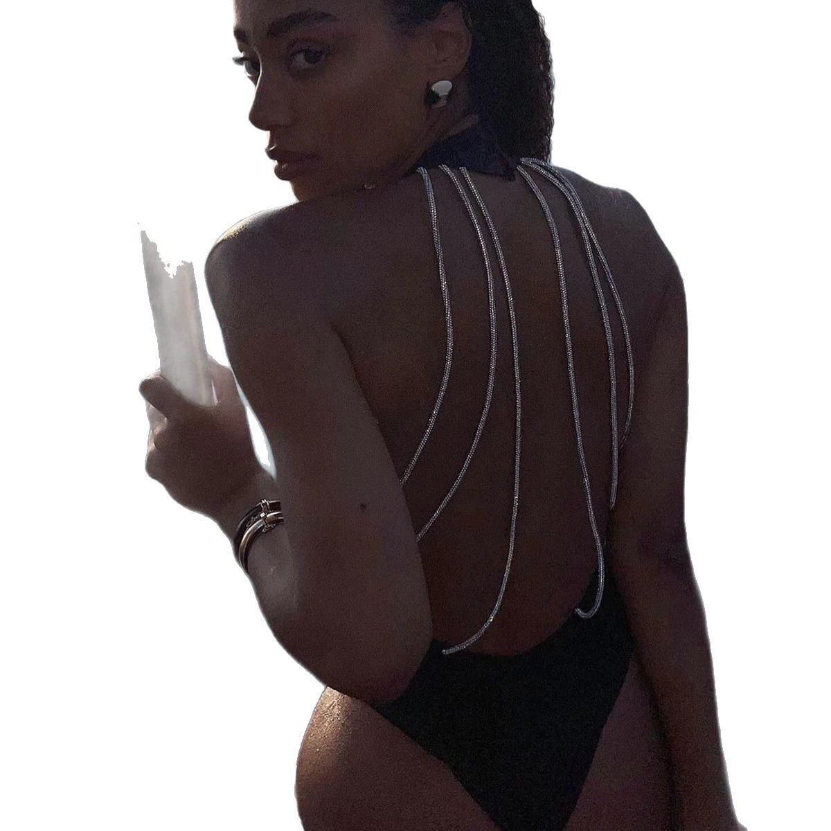 Halter Neck One-Piece Swimsuit With Draped Back Chains view 5
