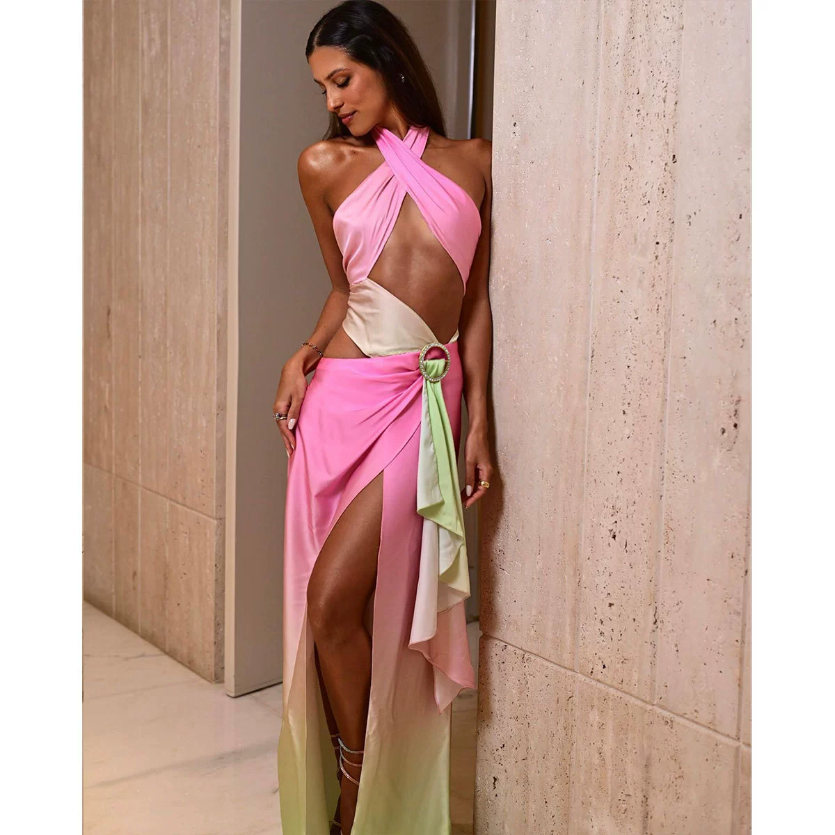 Halter Neck Backless Swimsuit Set with High-Slit Skirt