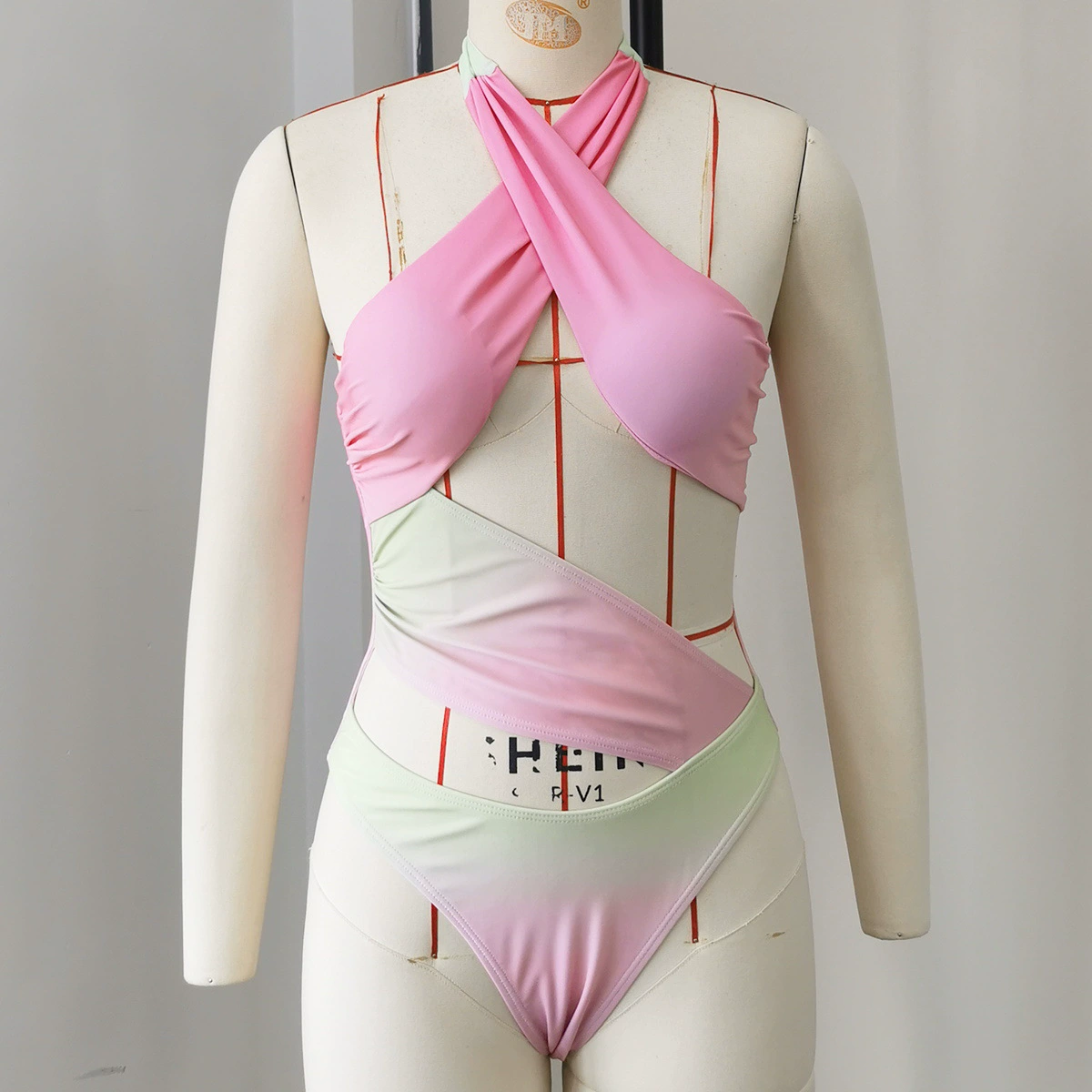 Halter Neck Backless Swimsuit Set with High-Slit Skirt
