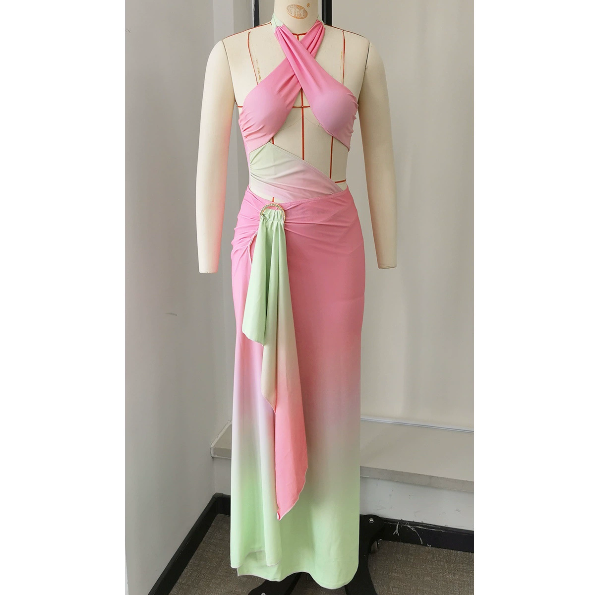 Halter Neck Backless Swimsuit Set with High-Slit Skirt view 3