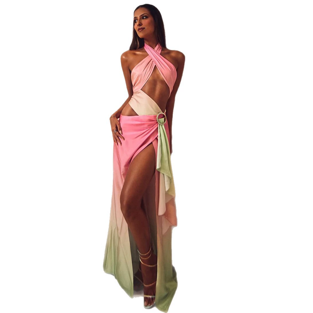 Halter Neck Backless Swimsuit Set with High-Slit Skirt view 5