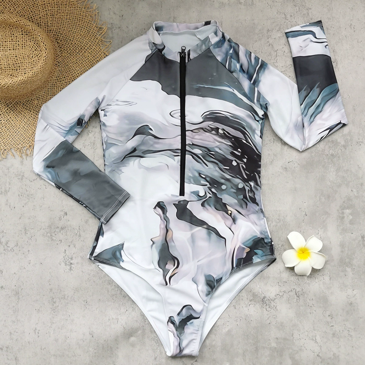 Long Sleeve Zip-Up One-Piece Swimsuit with Matching Skirt