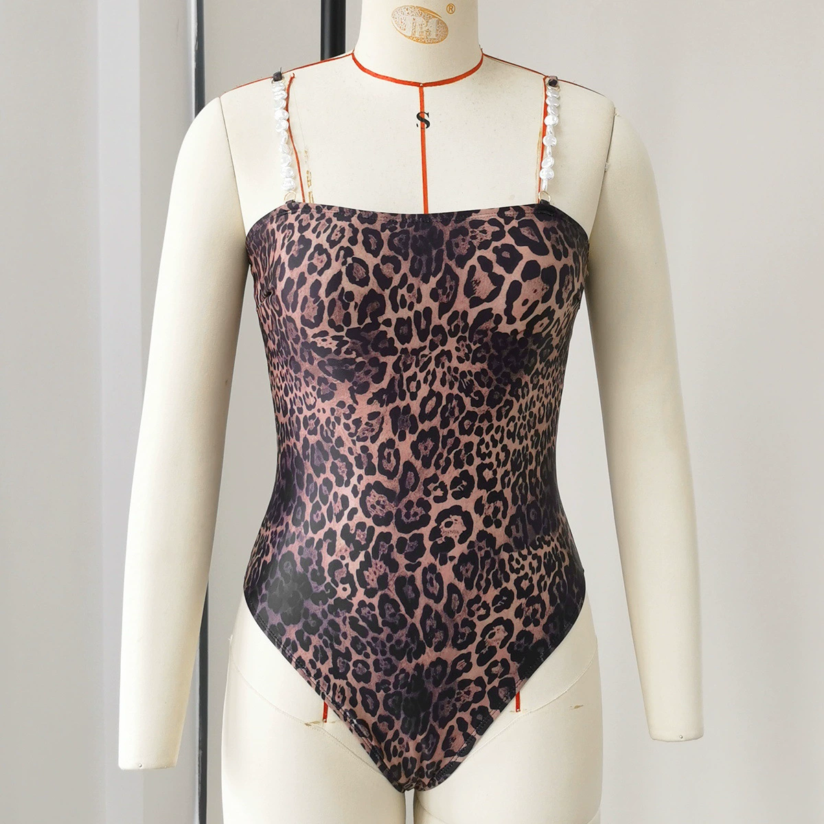 Beaded Spaghetti Strap High Cut One-Piece Swimsuit