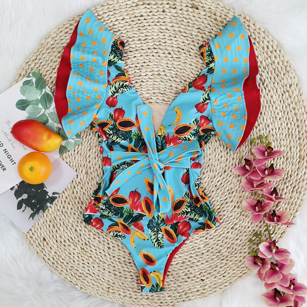Ruffled Sleeve V-Neck One-Piece Swimsuit with Waist Tie view 4