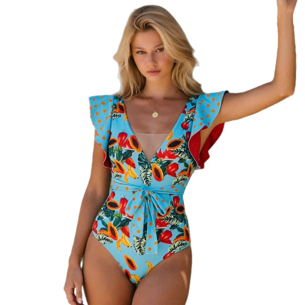 Ruffled Sleeve V-Neck One-Piece Swimsuit with Waist Tie view 5