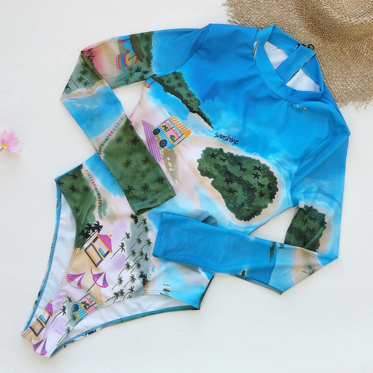 Long Sleeve One-Piece Swimsuit with High Neck and Front Zipper
