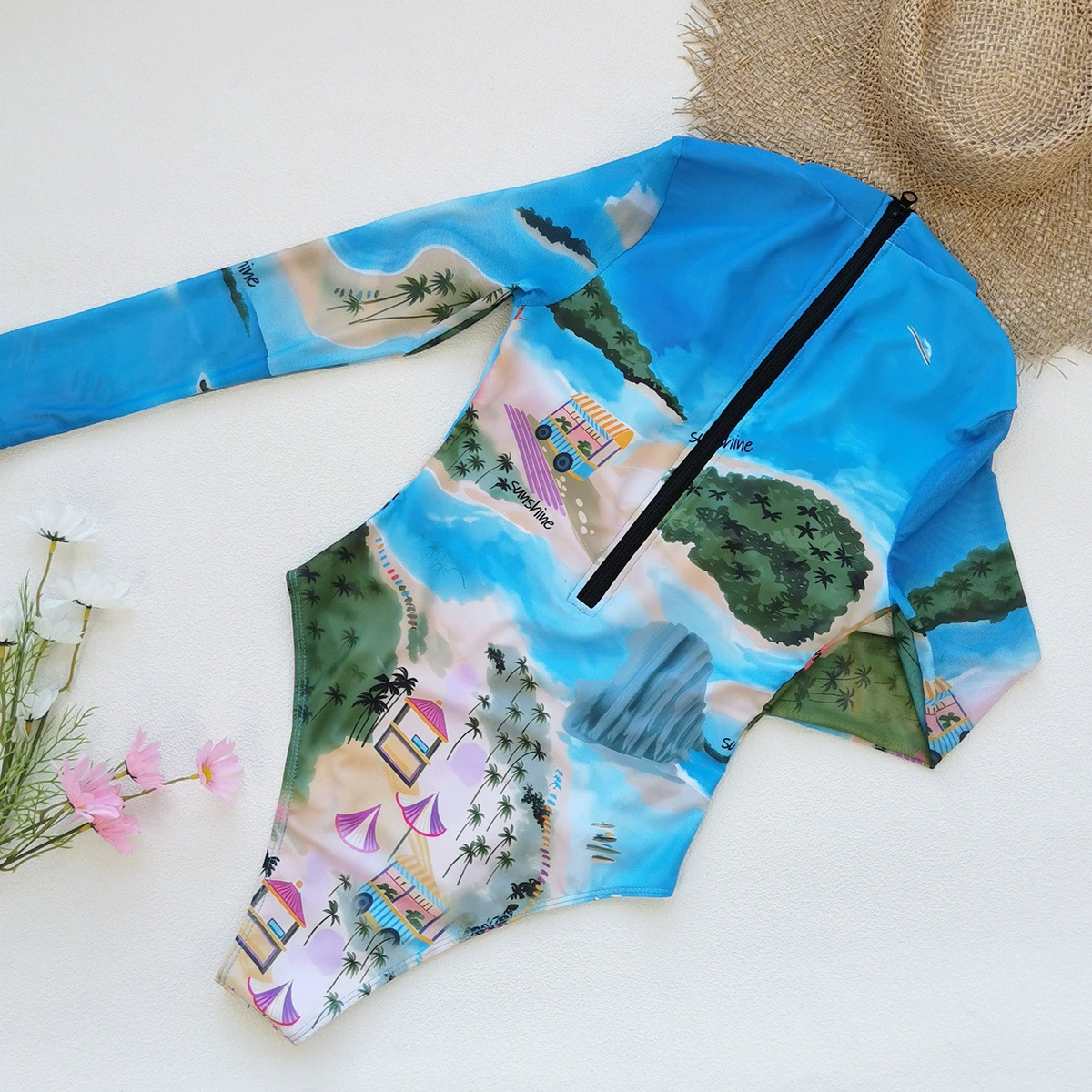 Long Sleeve One-Piece Swimsuit with High Neck and Front Zipper view 3