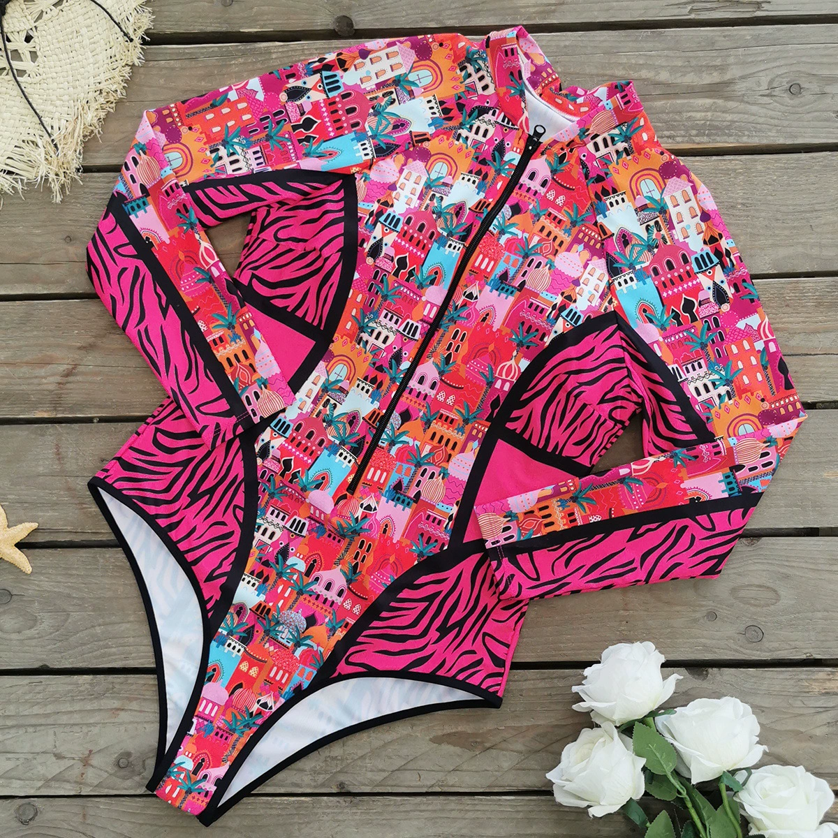 Long Sleeve Zip Front One Piece Swimsuit view 6