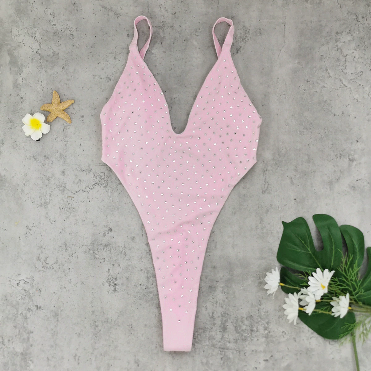 Women’s High-Cut One-Piece Swimsuit with Deep V-Neck and Thin Straps