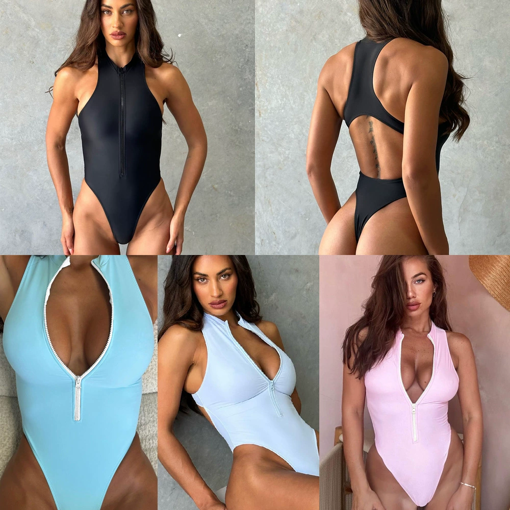High Neck Zip Front One-Piece Swimsuit with Racerback and High Cut