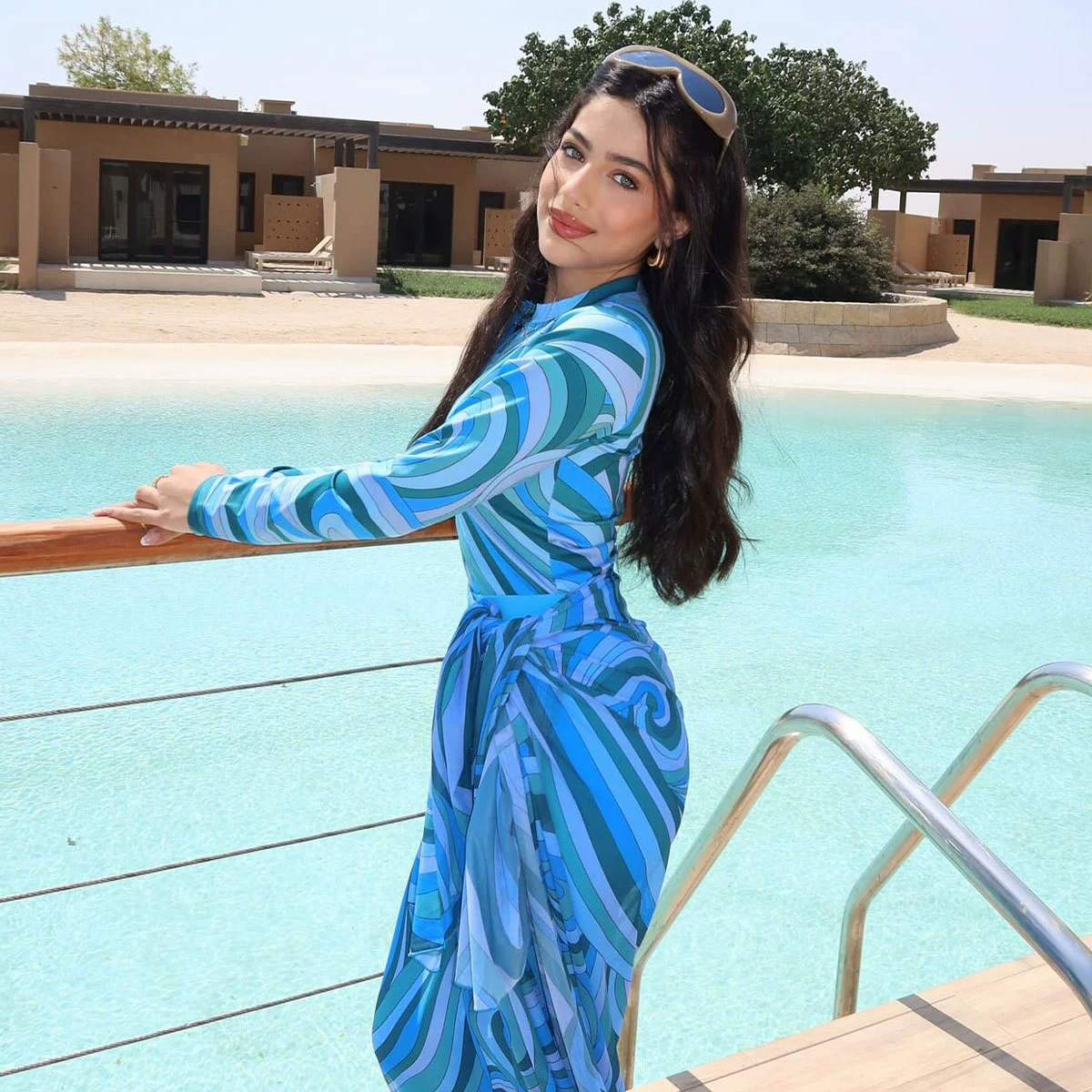 Long Sleeve Zip Front One-Piece Swimsuit with Sarong Set