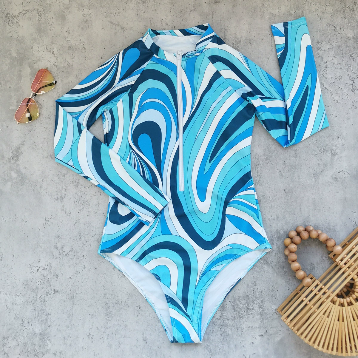 Long Sleeve Zip Front One-Piece Swimsuit with Sarong Set view 3