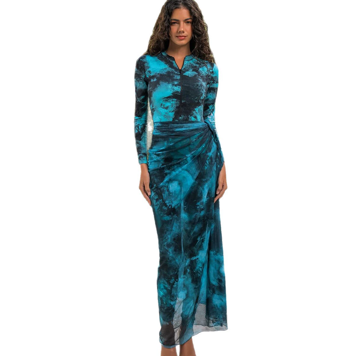 Long Sleeve Zip Front One-Piece Swimsuit with Sarong Set view 5