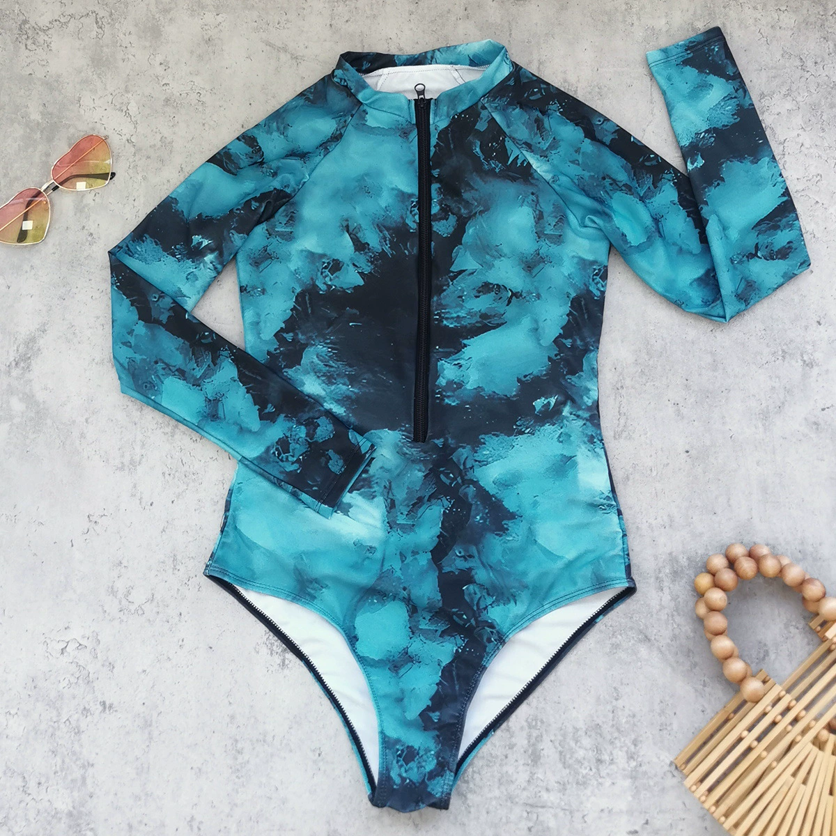 Long Sleeve Zip Front One-Piece Swimsuit with Sarong Set view 6
