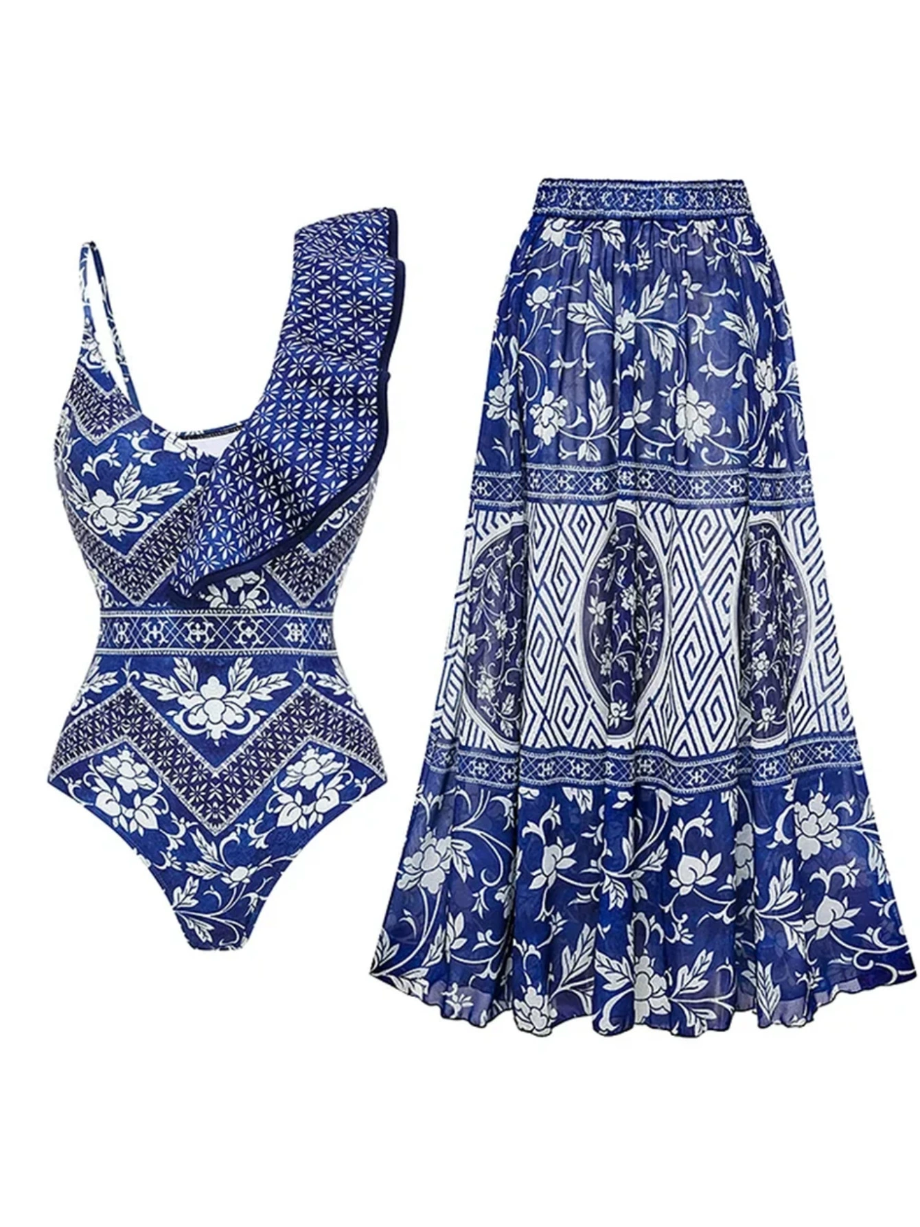 Asymmetric One-Piece Swimsuit with Skirt Set view 4