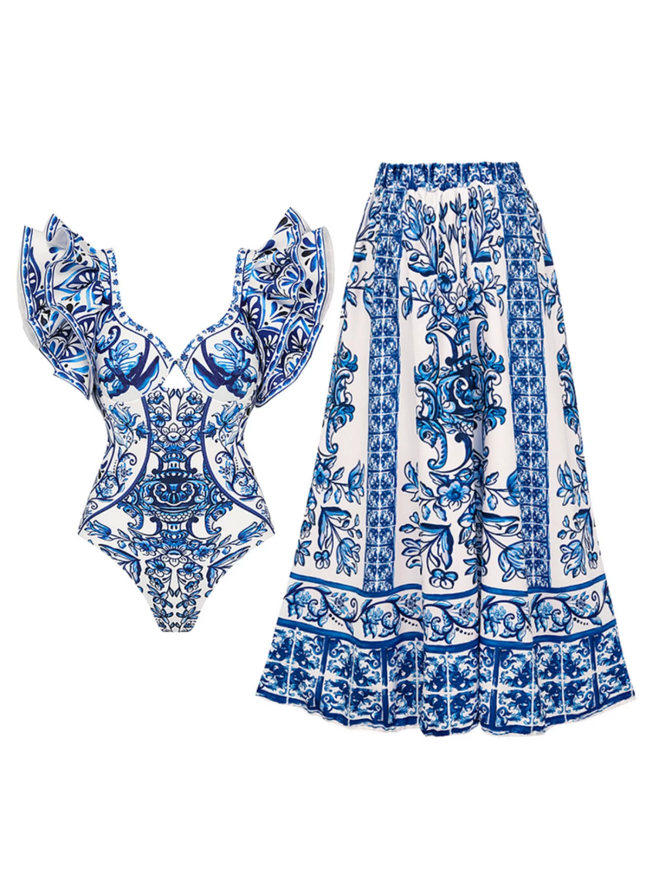 Ruffled Sleeve One-Piece Swimsuit and Skirt Set