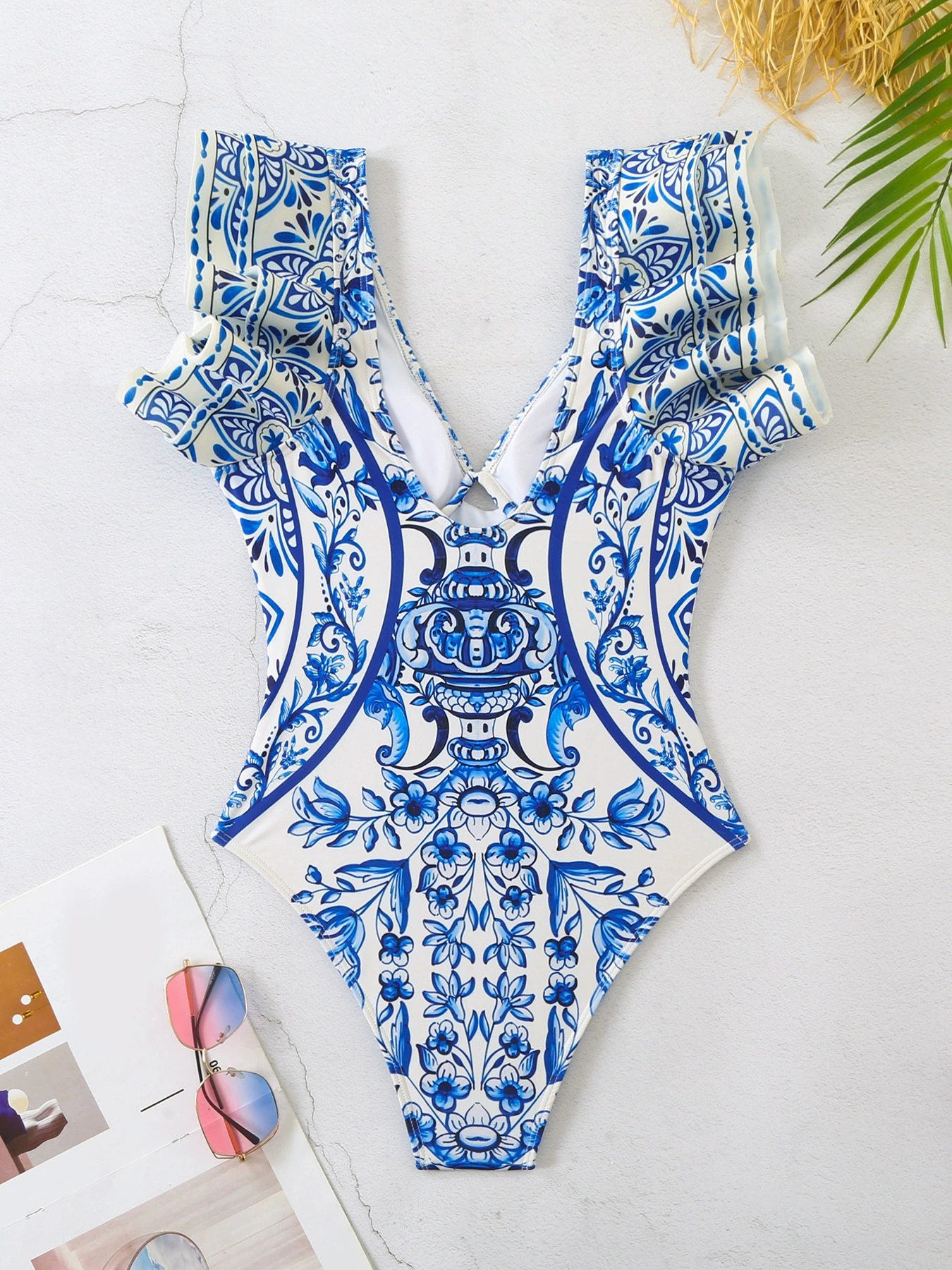 Ruffled Sleeve One-Piece Swimsuit and Skirt Set view 4