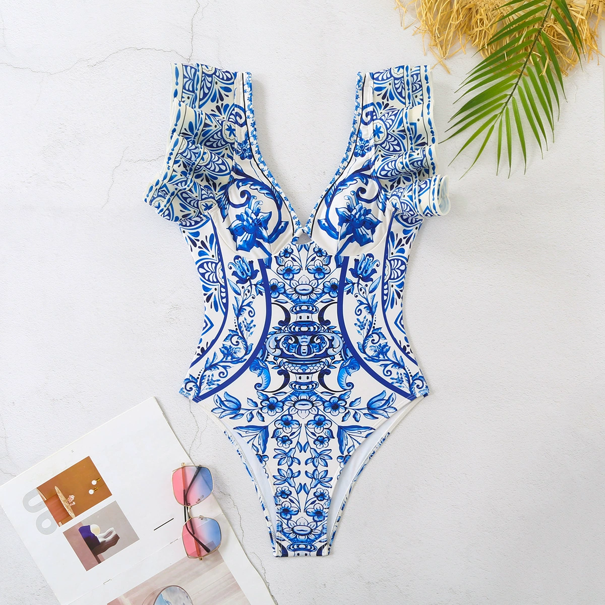 Ruffled Sleeve One-Piece Swimsuit and Skirt Set view 6