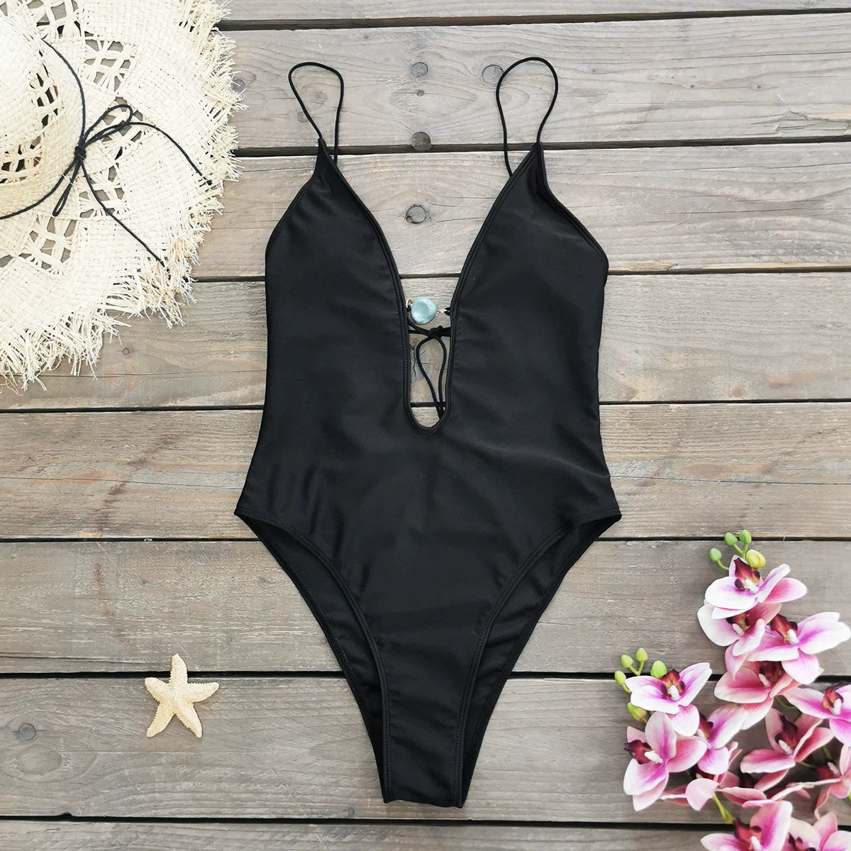 Deep V Plunge One-Piece Swimsuit with Front Ring and High Cut view 3