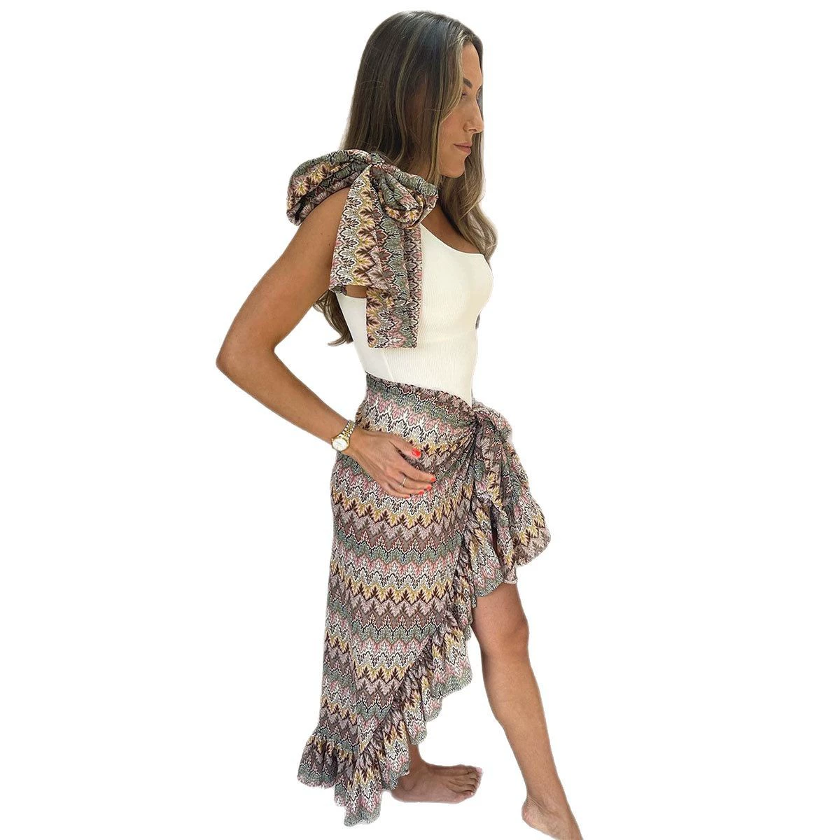 One-Shoulder One-Piece Swimsuit with Ruffled Wrap Skirt Set view 5