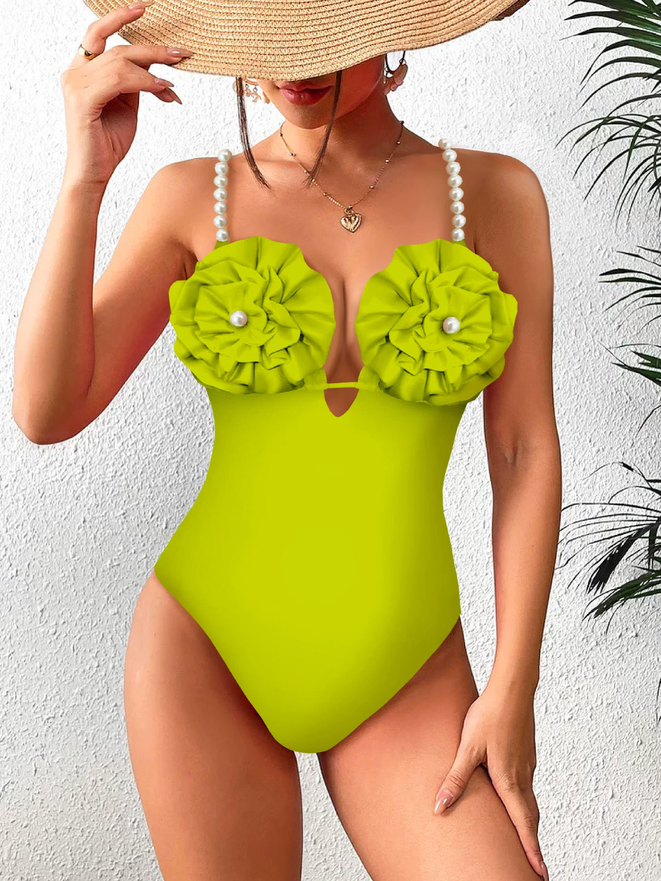 Halter One-Piece Swimsuit with Pearl Straps and Rosette Cups