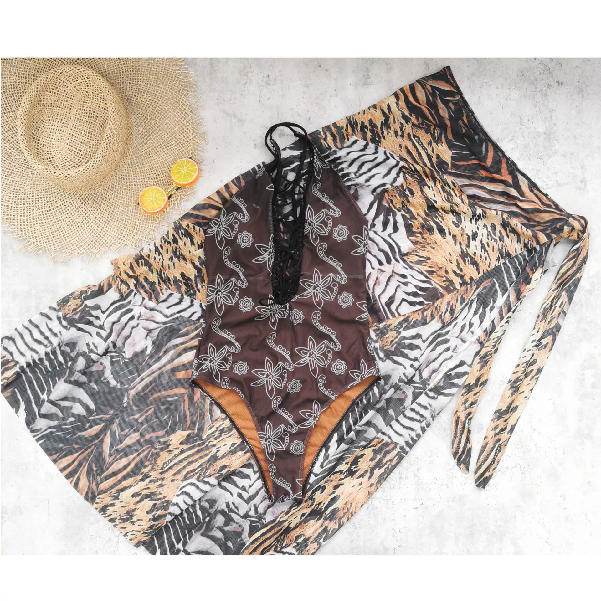 Halter V-Neck Lace-Up One-Piece Swimsuit