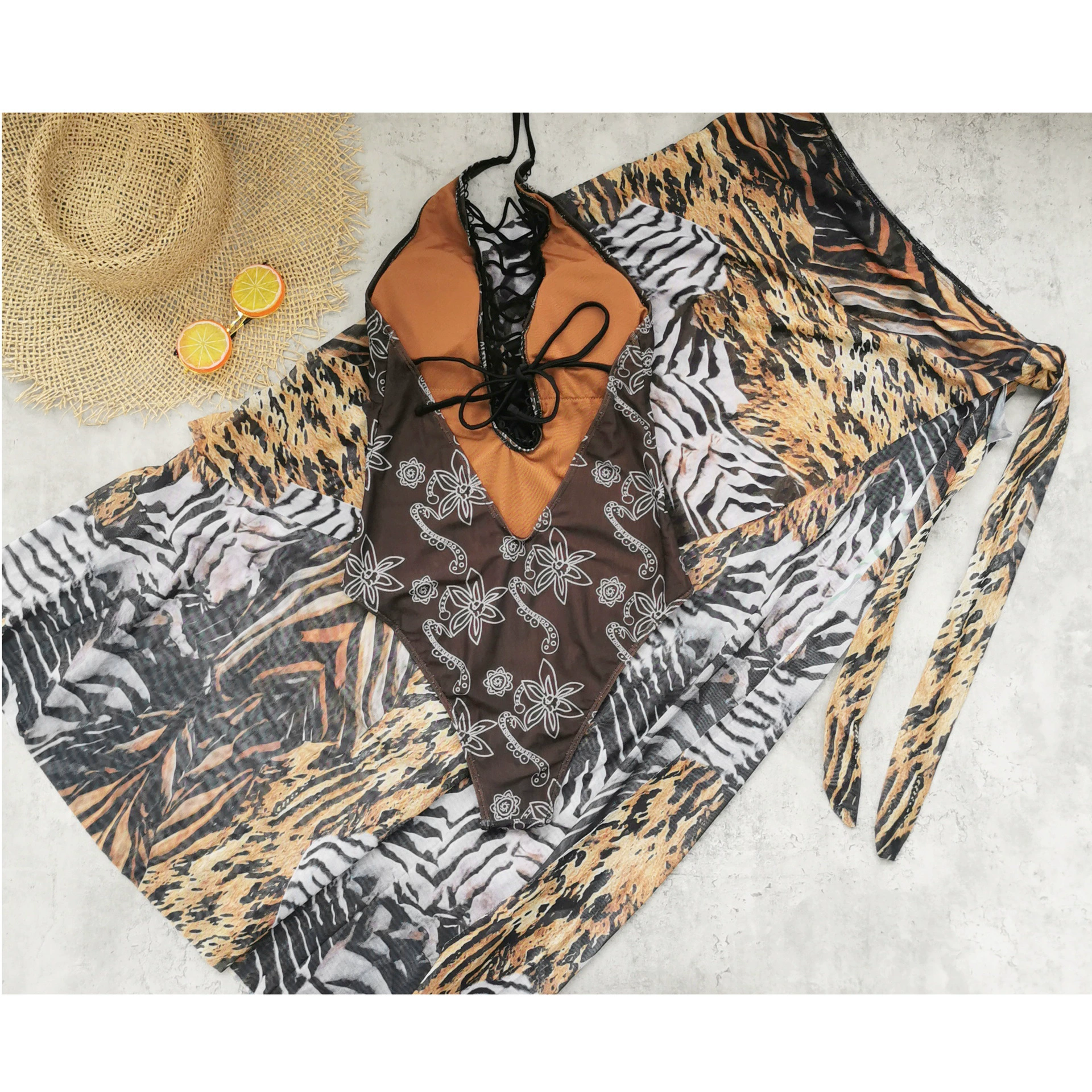 Halter V-Neck Lace-Up One-Piece Swimsuit