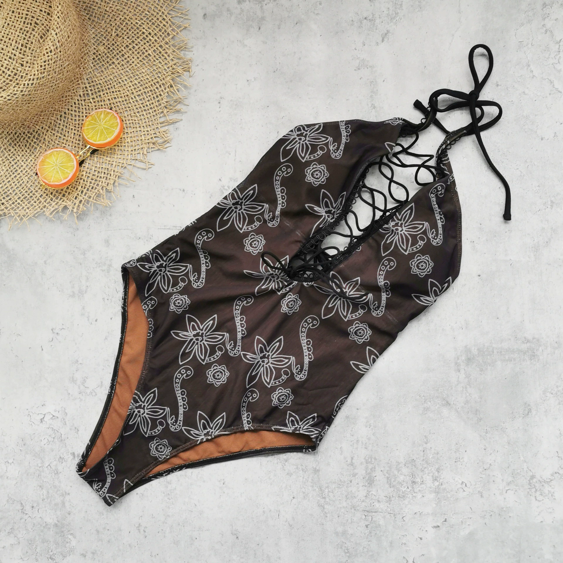 Halter V-Neck Lace-Up One-Piece Swimsuit view 3