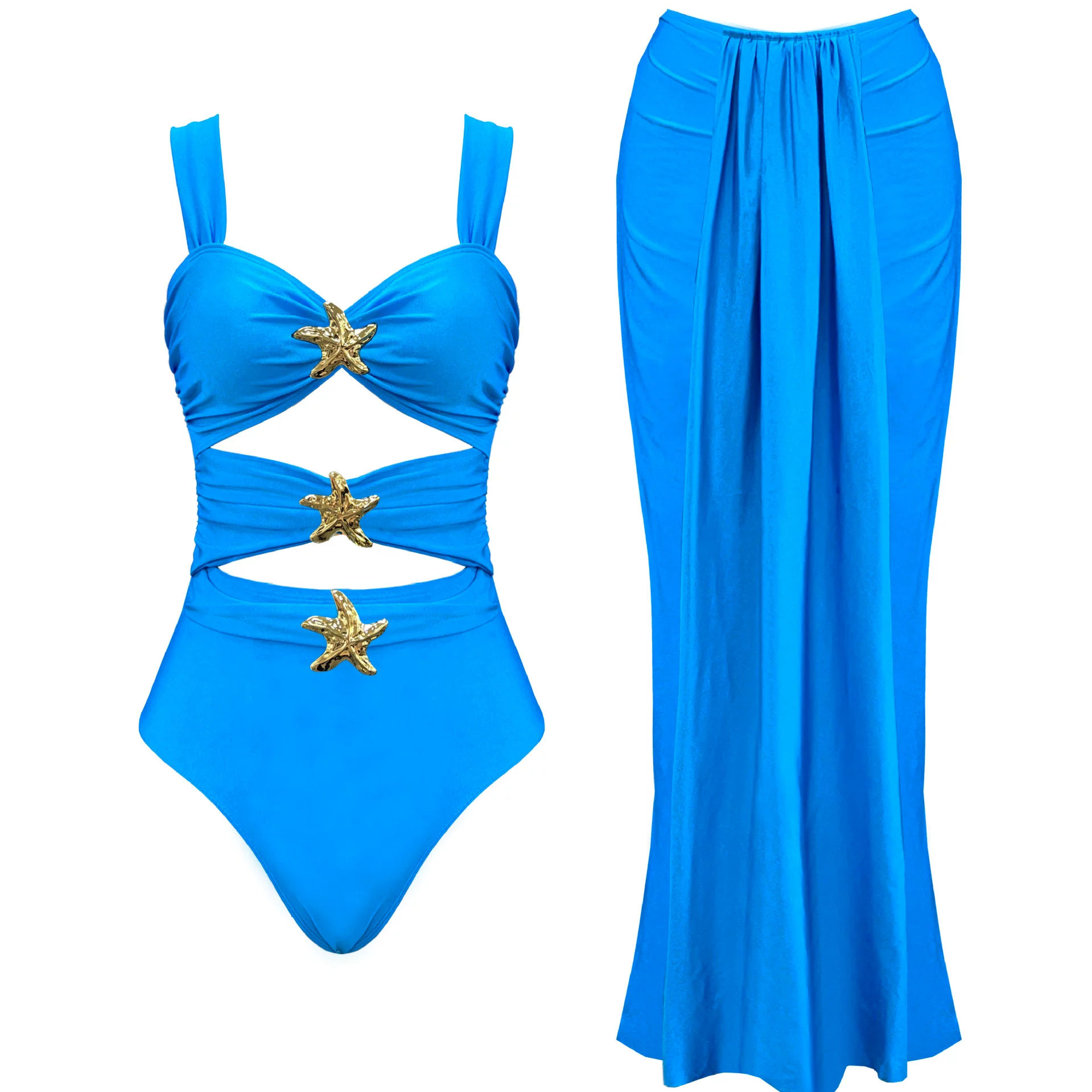 Cutout One-Piece Swimsuit with Matching Maxi Skirt