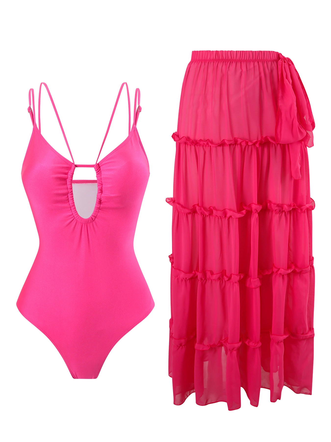 One-Piece Swimsuit and Tiered Maxi Skirt Set view 4