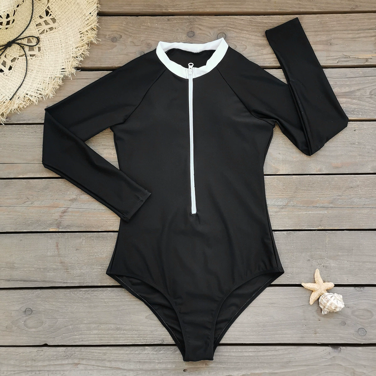 Long Sleeve Zip Front One Piece Swimsuit