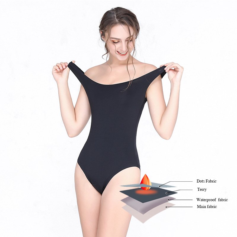 Black women's scoop neck one-piece swimsuit with wide shoulder straps and high-cut legs.