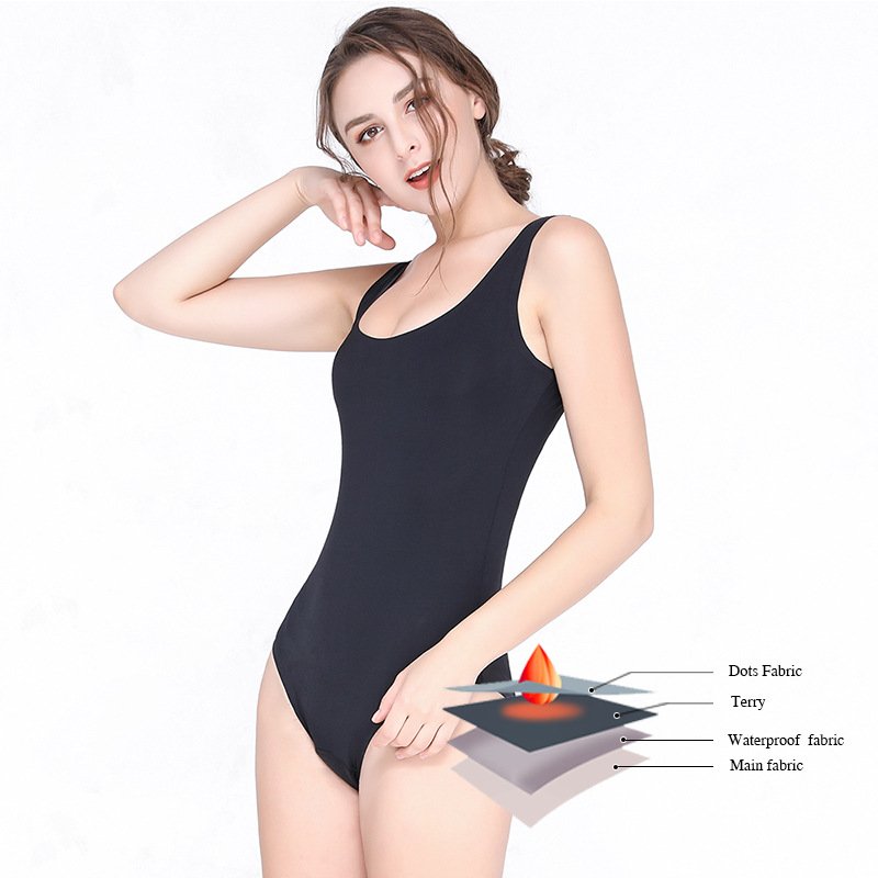 Black women's scoop neck one-piece swimsuit with wide shoulder straps and high-cut legs.
