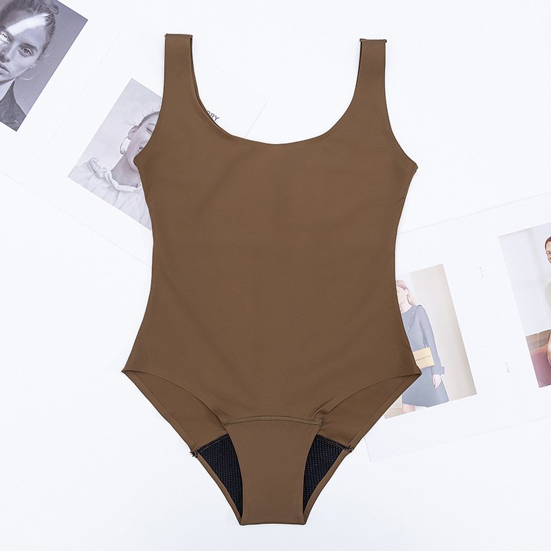Brown women's scoop neck one-piece swimsuit with wide shoulder straps and high-cut legs.
