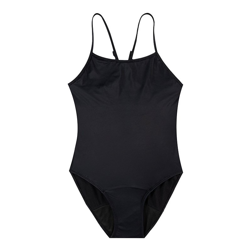 Black women's one-piece swimsuit with thin spaghetti straps, scoop neckline, and high-cut legs.