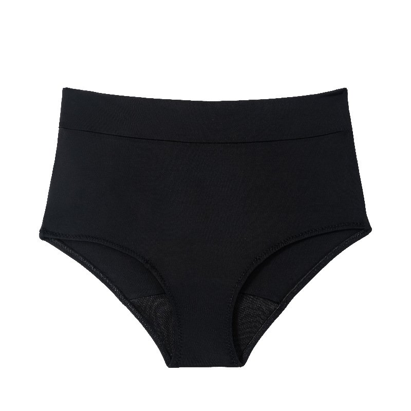Black high-waisted bikini bottoms featuring a wide waistband and mesh gusset lining.