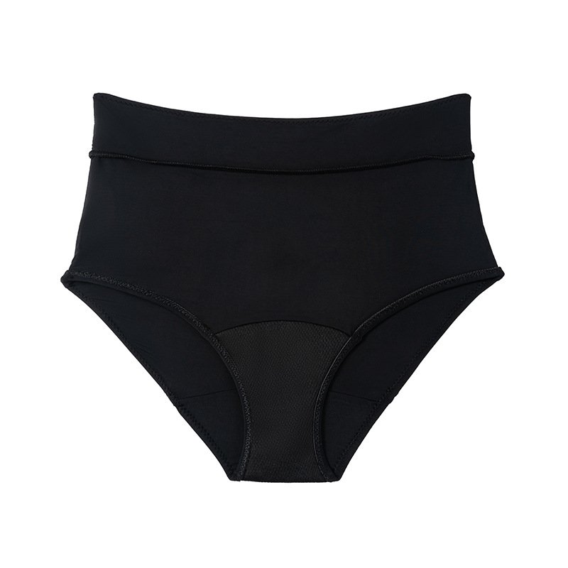 Black high-waisted bikini bottoms with a wide supportive waistband and textured gusset.