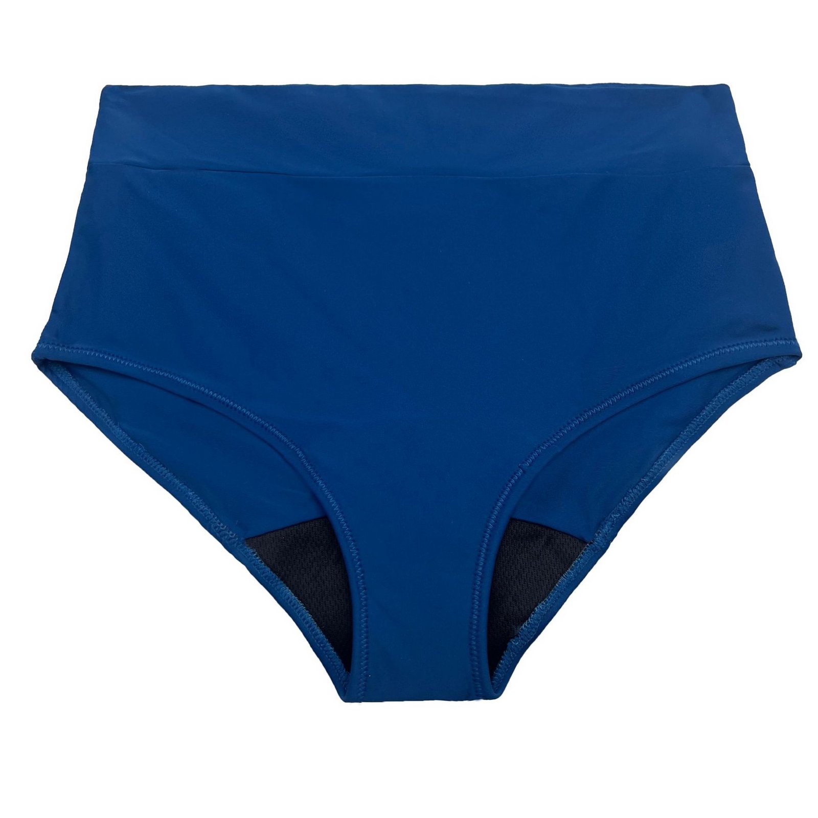 Blue high-waisted bikini bottoms with wide waistband and dark mesh side panels.