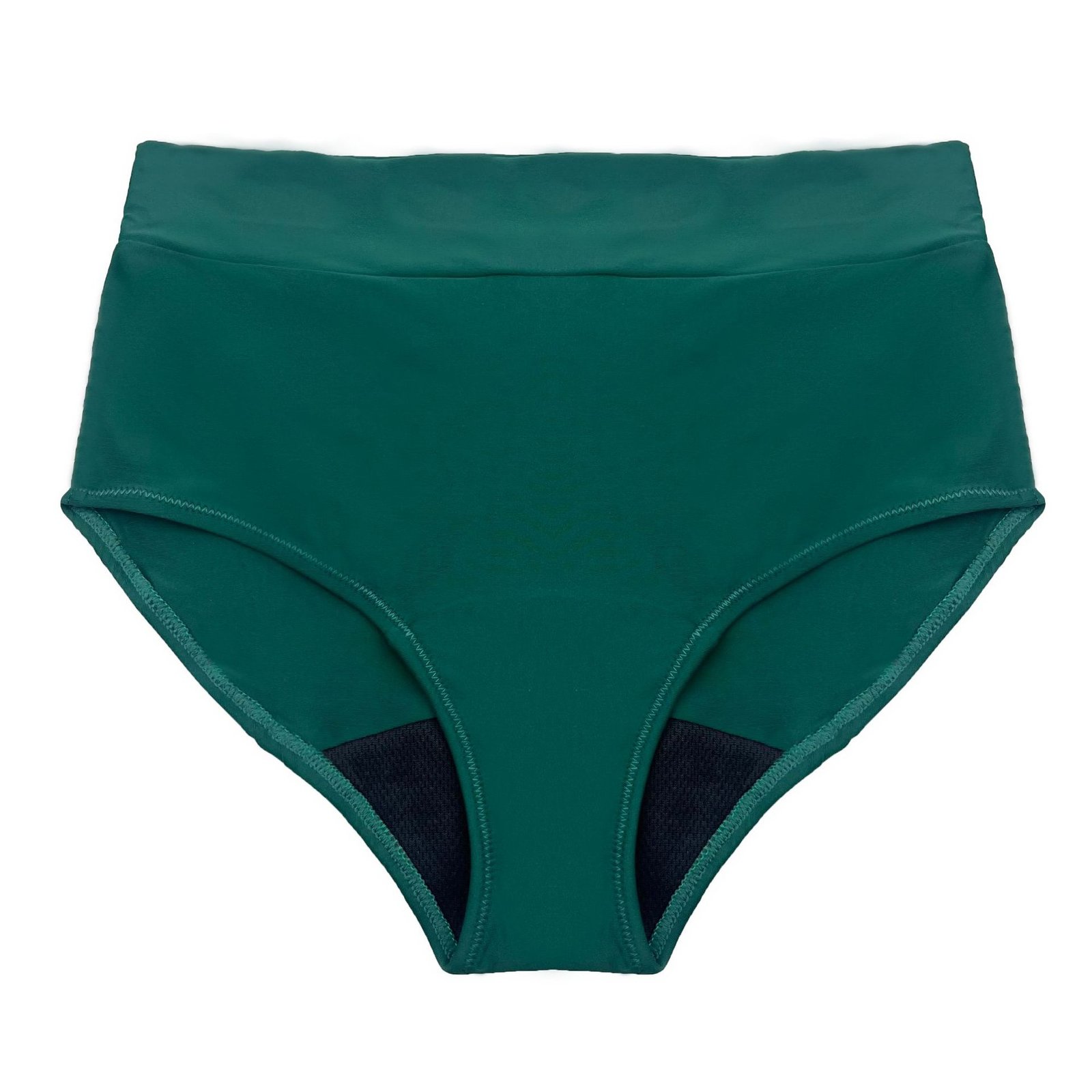 Green high-waisted bikini bottoms with wide waistband and dark inner lining.