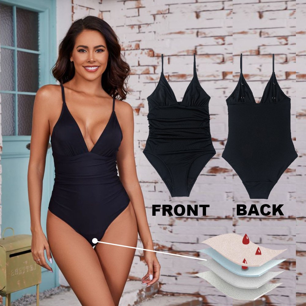 Women’s Ruched V-Neck Leakproof Period One Piece Swimsuit