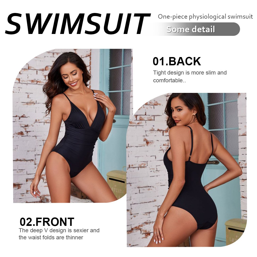Women’s Ruched V-Neck Leakproof Period One Piece Swimsuit